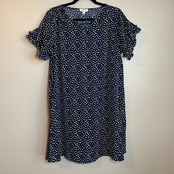 Umgee Dress Sz Medium Navy Blue Polka Dot Overlay Short Kaftan Style - Picture 1 of 6
